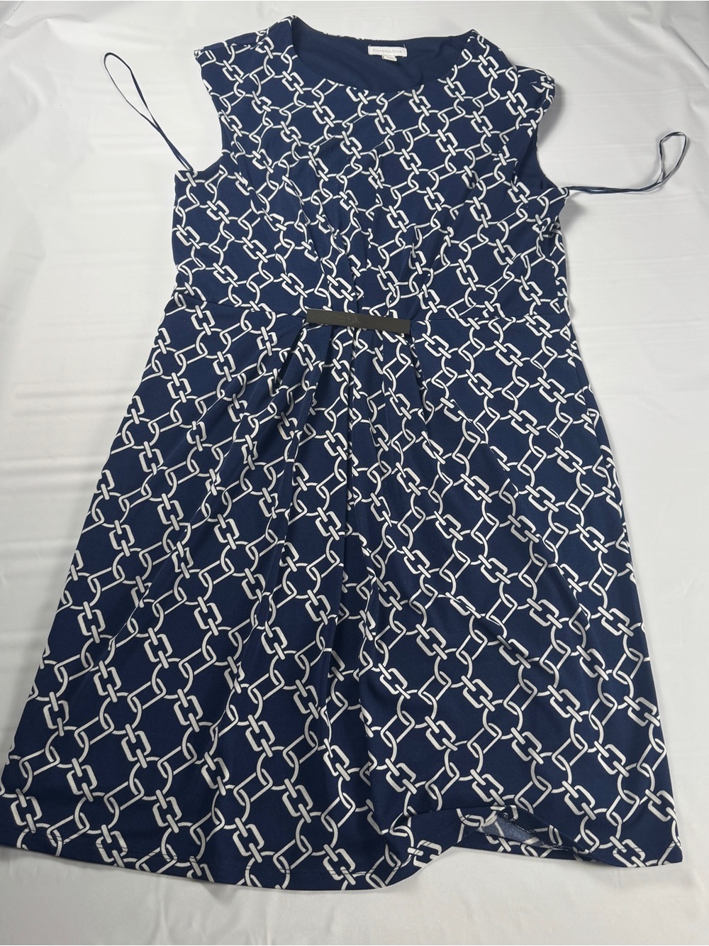 Vintage Y2K Charter Club Sheath Dress Womens L Navy Chain Link Pleated GUC